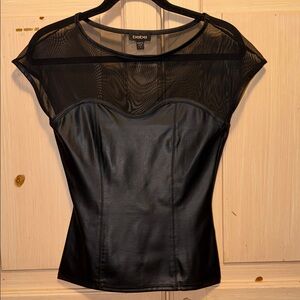 Bebe Black Mesh and Faux Leather Top